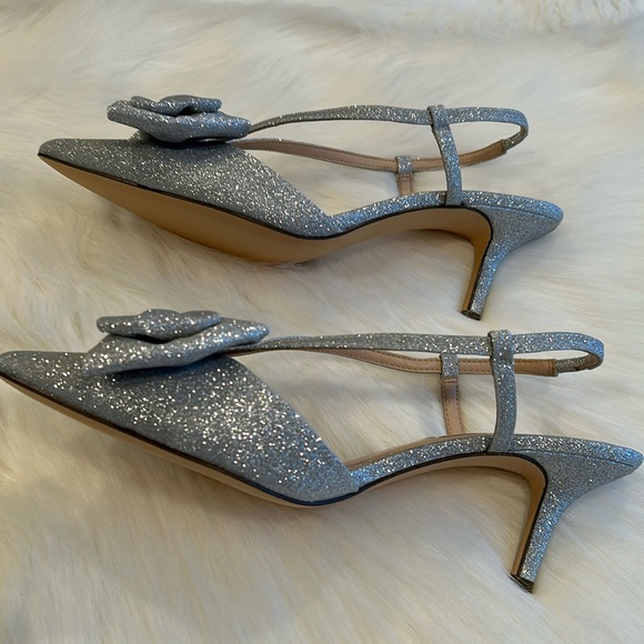 NWB Nina Bow-Topped Silver Sparkle Slip on Strap Heels - Picture 7 of 14